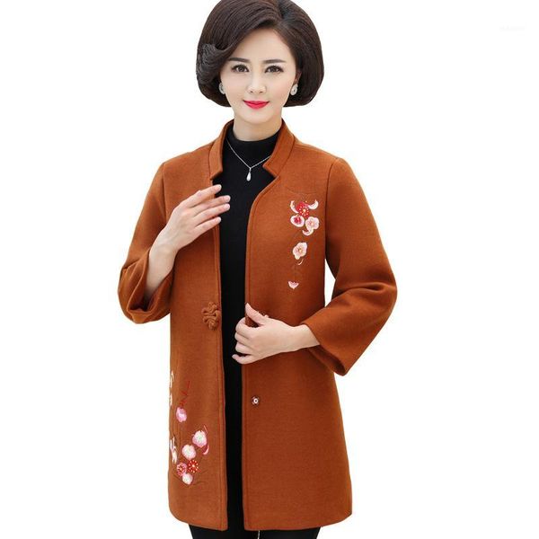 

spring autumn middle aged women wool blend coat elegant floral embroidery long sleeve woolen jacket outwear plus size -5xl1, Black