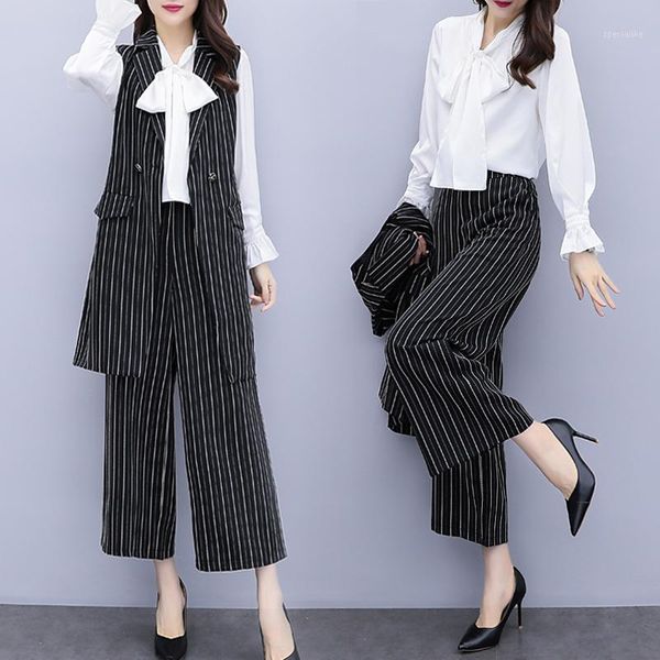 

large size new striped temperament suit slimming three-piece set fashion slim vest+pants set costumes for women1, Gray