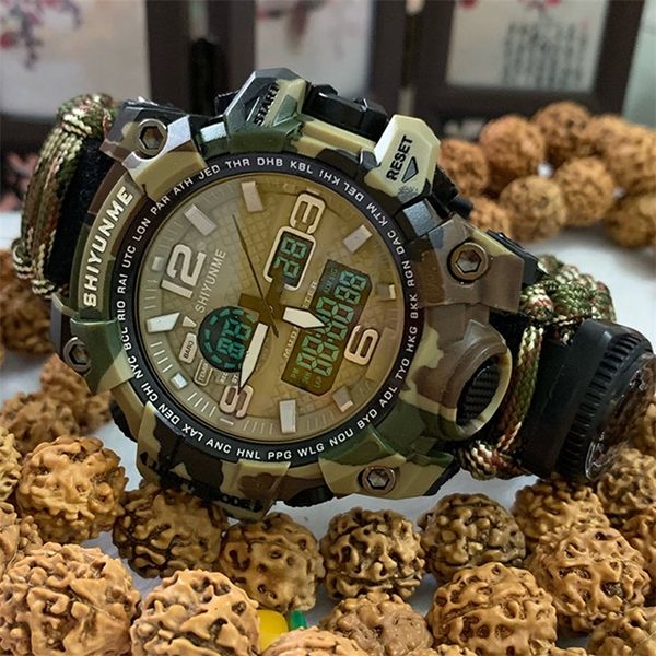 

shiyunme men military watch 50 meters waterproof compass led digital quartz dual display sports watch male relogio masculino 201212, Slivery;brown