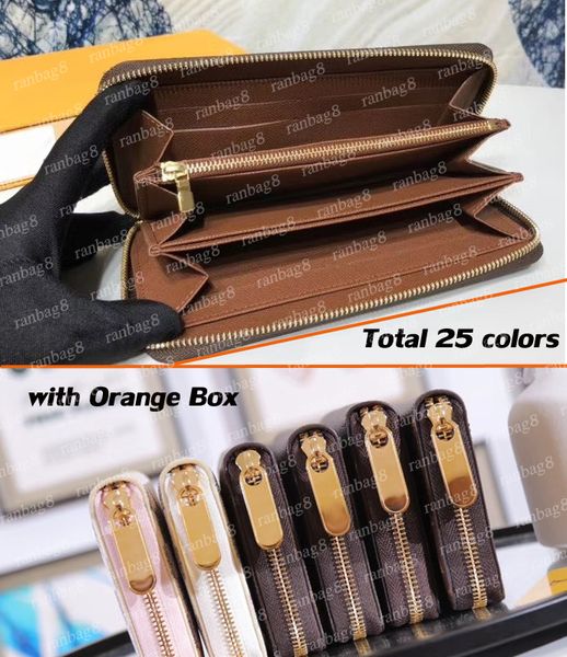 

designers men's wallets women's flower leather wallet purse long zipper wallet clutch brown grid flower with orange box 60017, Red;black
