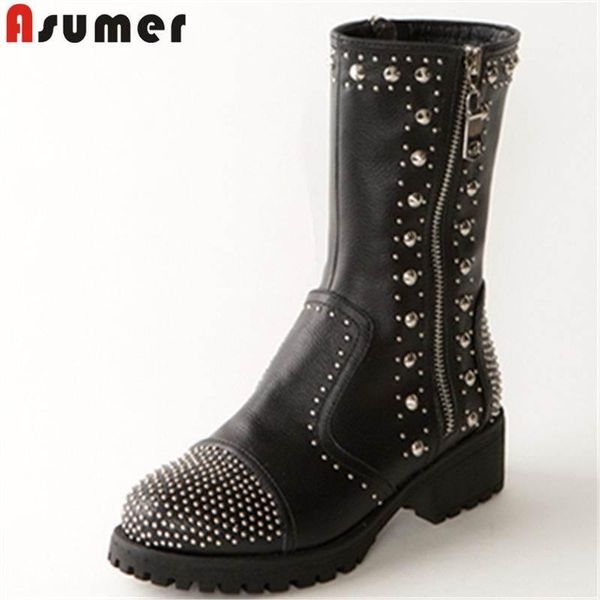 

boots asumer 2021 fashion punk ankle for women rivet genuine leather round toe square low heels zip female, Black
