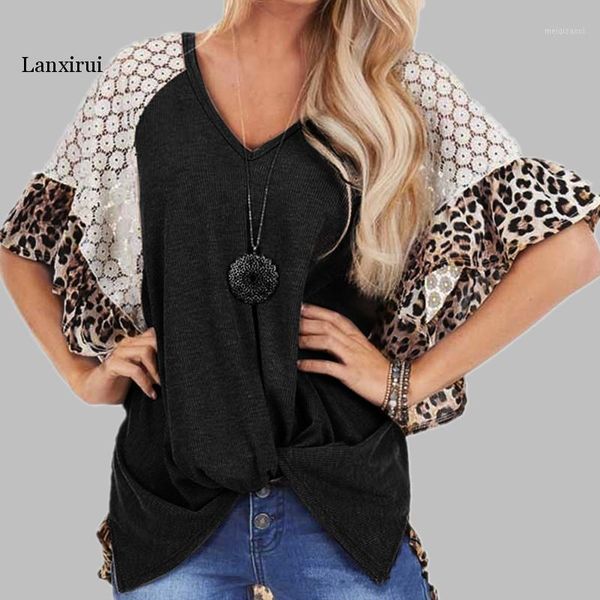 

leopard printed t-shirt lace splice t shirt v-neck short sleeve large size bat sleeve casual t shirt women tshirt camiseta mujer1, White
