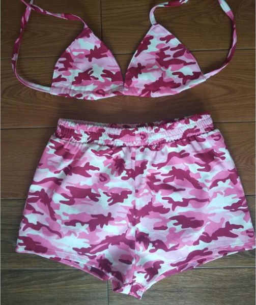 

сексуальный камуфляж двух частей набор летние камуфляторы короткие наборы пляжных нарядов бюстгальтер урожай и брюки 2 шт. набор для женщин, Gray