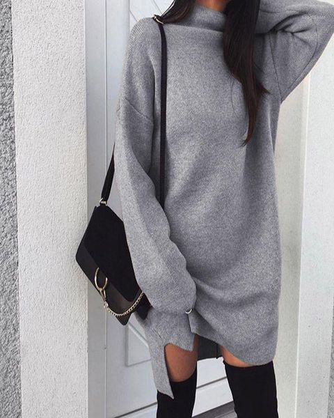 

2020 autumn winter warm long sleeve women knitted slit sweater dress white turtleneck sweaters pullover jumper female clothes1, White;black