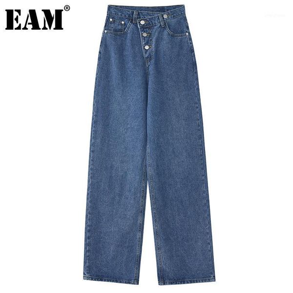 

eam] bue button denim long leisure wide leg jeans new high waist loose women trousers fashion tide spring autumn 2020 1dc2311, Blue