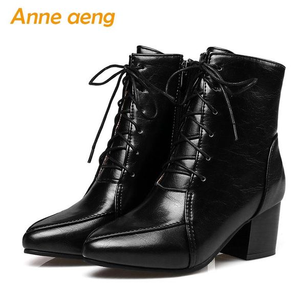 

new winter ankle boots high square heels pointed toe lace-up fashion ladies women shoes black boots big size 33-45