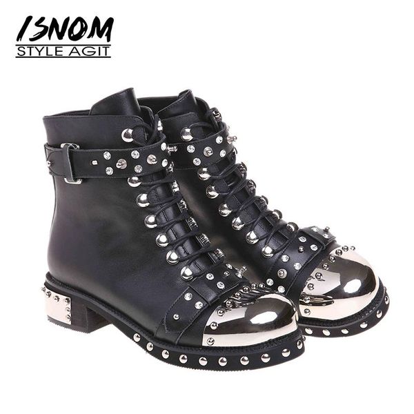 

boots isnom autumn ankle women leather metal decoration short plush shoes fashion winter female round toe footwear, Black