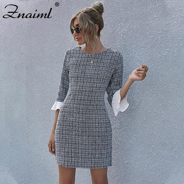 

znaiml элегантное платье осень зима мода офисные дамы черные вязаные пледа плывущие половину вспышки рукава мини-платья для женщин, White;black