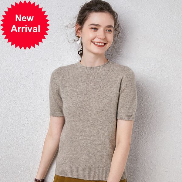 

2021 new real female body 100% neck mesh-knit tshirt sleeve short basic pullover shirt cashmere jumper j7ny, White;black