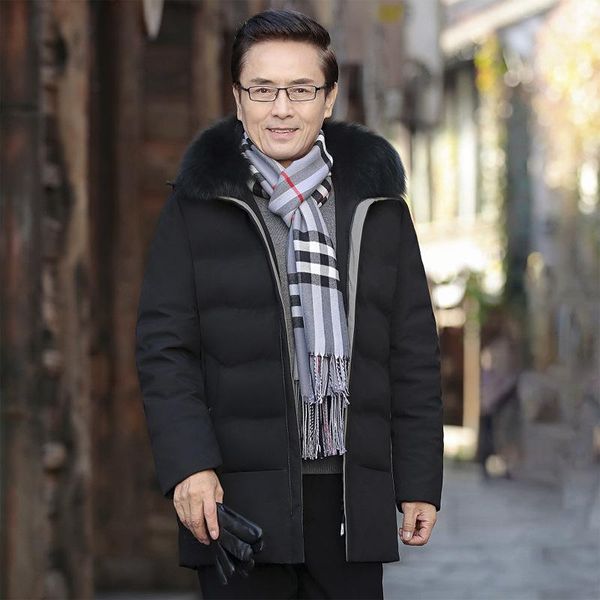 

for middle-aged and elderly men's thickened medium length large hooded middle aged father's winter coat for the elderly, Black