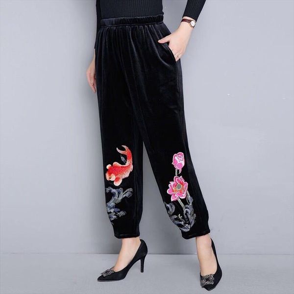 

women pants plus size high waist velvet pants black embroidery ankle length trousers loose ladies casual, Black;white