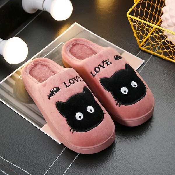

slippers 2021 women cute cat couple winter home flat shoes plush warm bedroom female slipper casual ladies slide shoes1, Black