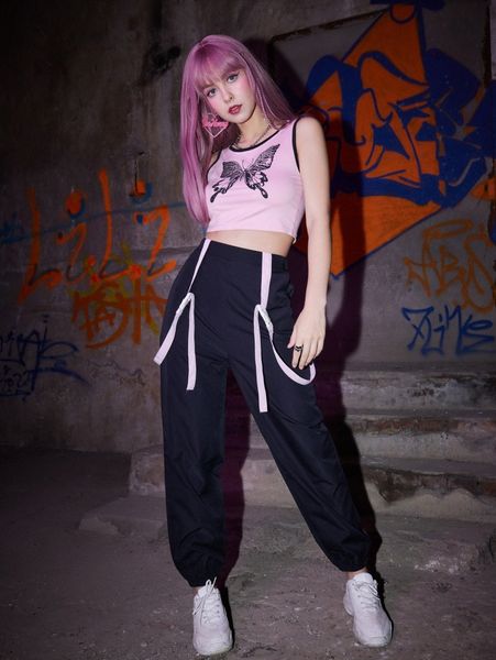 

romwe butterfly graphic tank & solid tape pants q9sq#, White