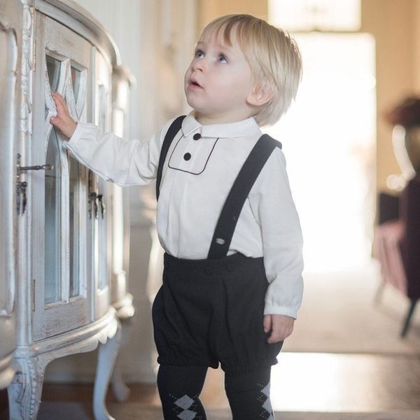 

autumn winter spanish children's wear long sleeve shirt with wool belts 2pcs set boys boutique kids clothing boys clothes 201127, White