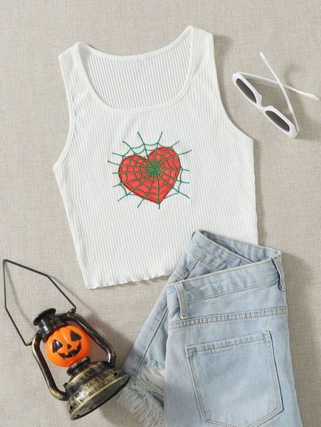 

spider web & heart embroidered tank v4lf#, White