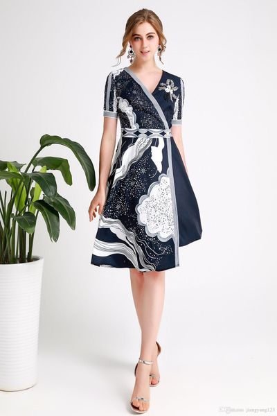 

fashionable dress early spring new v-neck long sleeve location printing to ankle belt optional temperament dress, Black;gray
