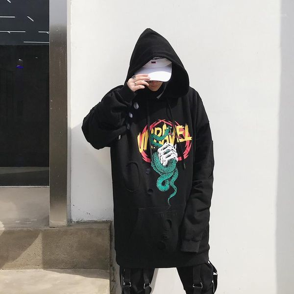 

men vintage fashion destroy hole high streetwear hiphop hoodie jacket male printing casual loose pullover hooded sweatshirts1, Black
