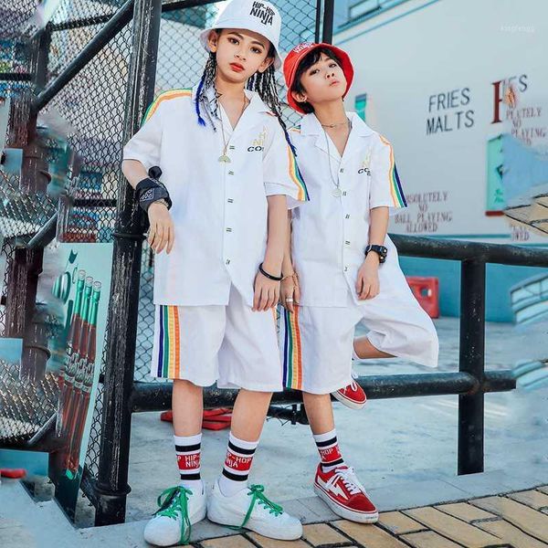 

children's day hip-hop dance costuems for boys and girls loose white t-shirt hiphop suit jazz performance street wear dqs44821, Black;red