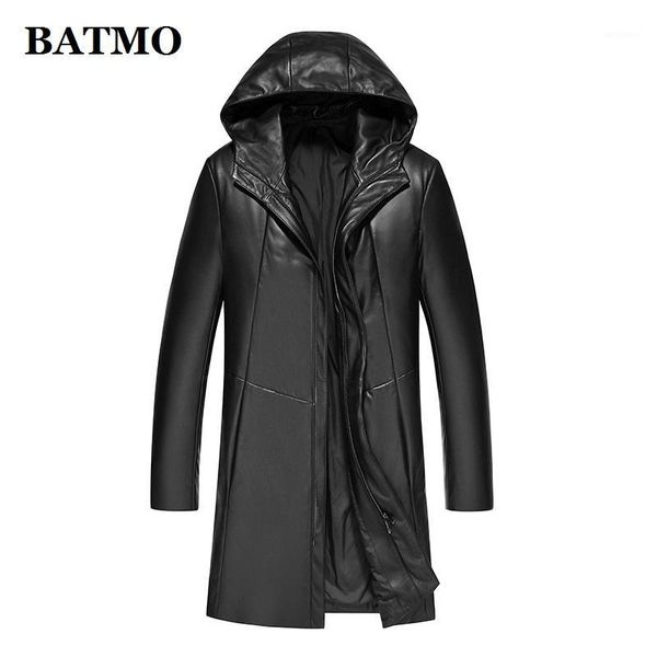 

batmo 2019 new arrival winter sheepskin white duck down hooed jackets men,men's warm real leather coat,plus-size1, Black