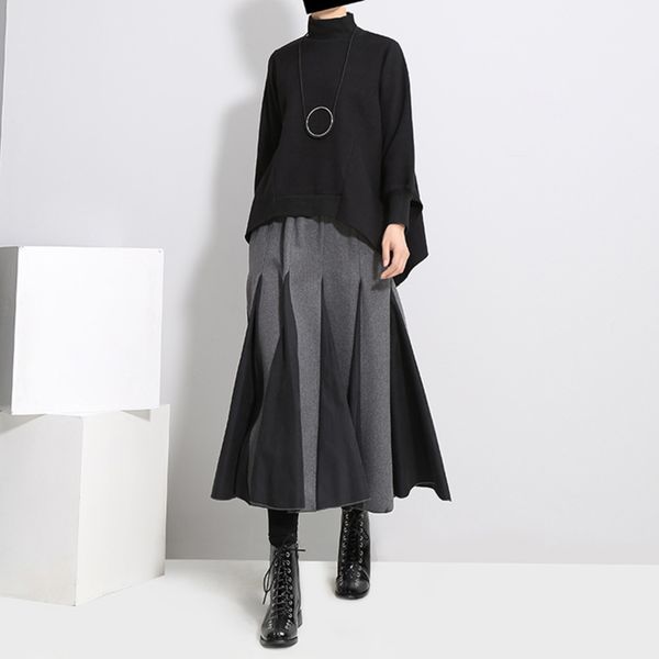

korean style women autumn winter pleated skirt dark gray a-line elastic waist thick fabric ladies elegant casual long skirt 3028 q1209, Black