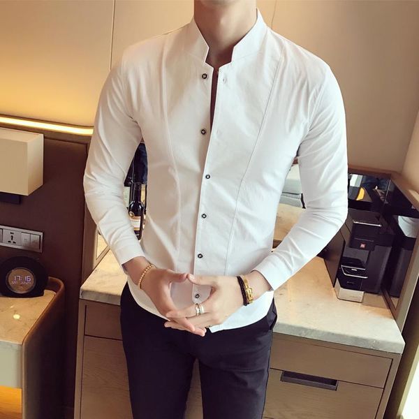 

xiu luo brand mens boutique хлопок сплошной цвет мода стенд воротник случайные рубашки с длинными рукавами / мужчины стройные досуг рубашки, White;black