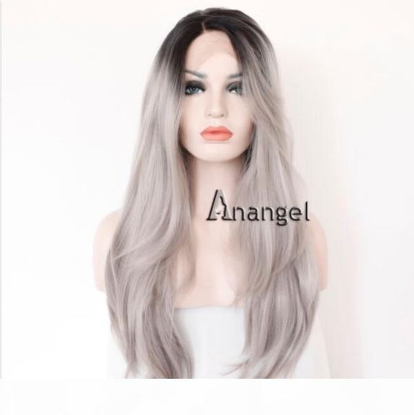

synthetic lace front wig heat resistant long wavy ombre grey gray full hair wigs, Black