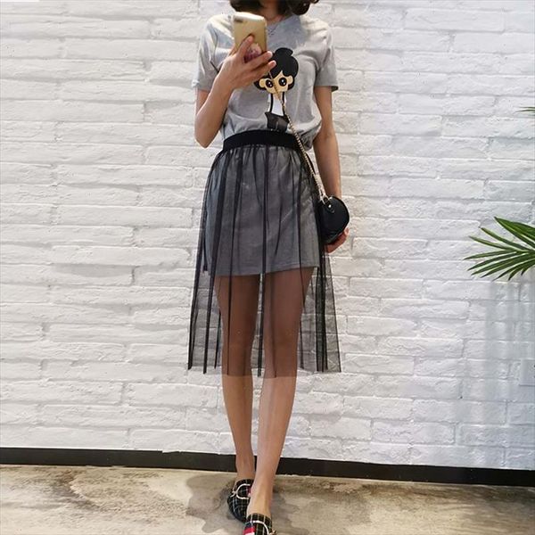 

2021 new single layer see through mesh skirt transparent gauze casual elegant knee length black white high waist elastic skirt