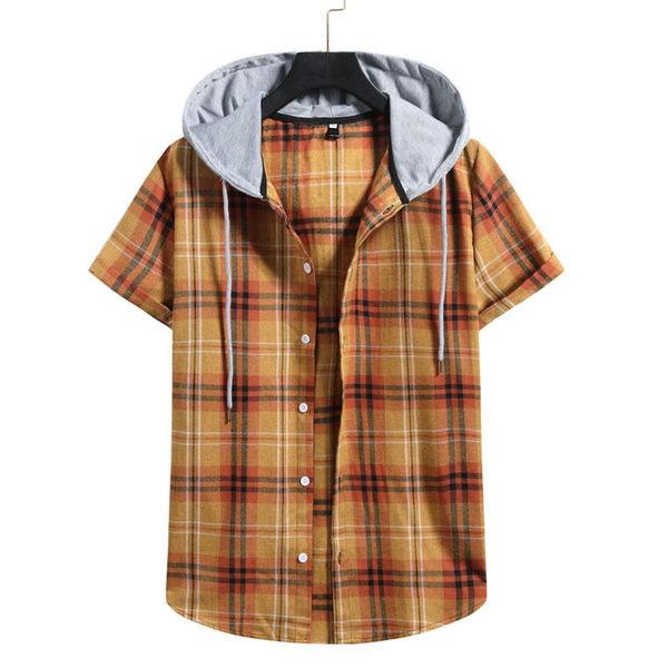 

men's casual shirts shirt men for hooded plaid leisure retro short sleeve blouse streetwear chemise homme, White;black
