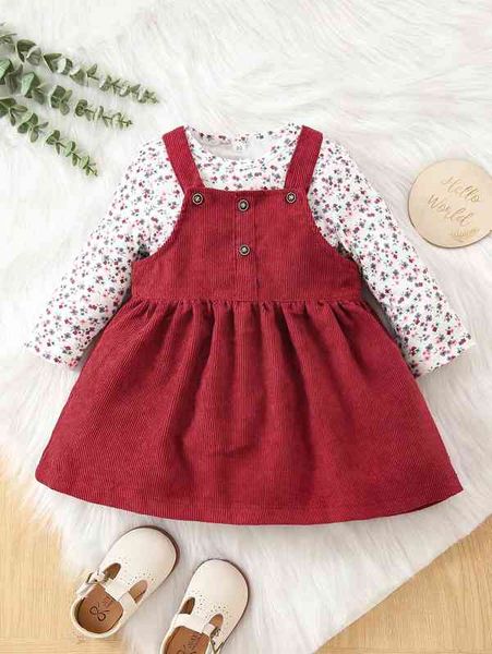 

baby ditsy floral & fake button overall dress she, White