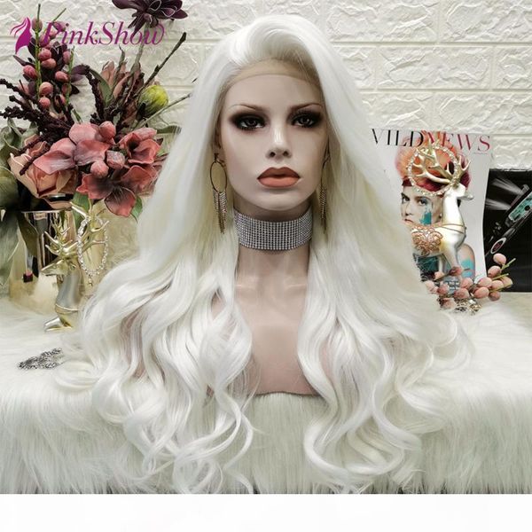 

pinkshow white wigs for women wavy synthetic lace front wig high temperature fiber glueless long lace cosplay wig, Black