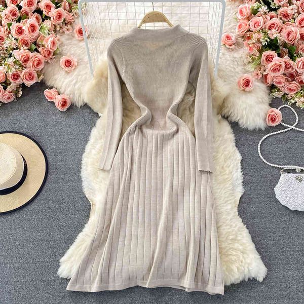 

elegant women dress autumn korea style long sleeve turn-down collar slim high waist knitwear pleated midi dresses, Black;gray