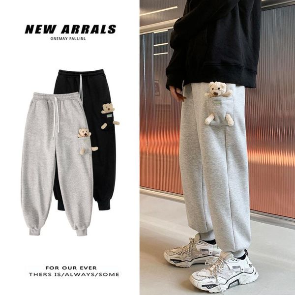 

men's pants winter 2021 style pure color bear decoration thickening casual fashion loose trend sports plue size m-5xl, Black