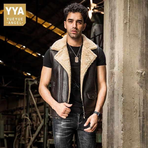 

autumn winter men real fur sleeveless jacket luxury biker sheepskin natural leather short waistcoat retro hooded vest plus size, Black