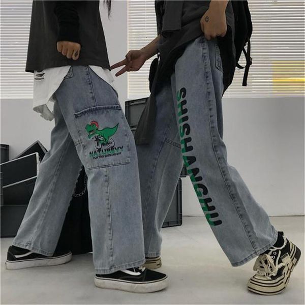 

dinosaur jeans men letter print cargo pants fashion retro baggy hip hop jeans harajuku high street casual pant streetwear males, Black