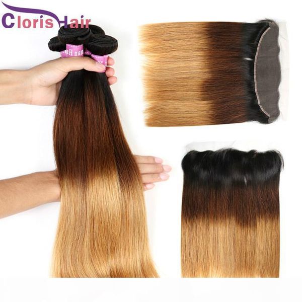 

1b 4 27 colored weaves closure brazilian virgin straight brown blonde ombre human hair 3 bundles with lace frontal closure 13x4, Black;brown
