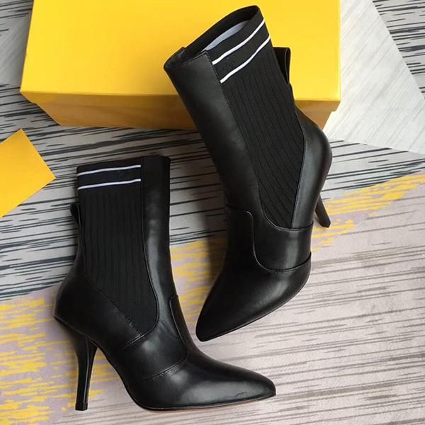

fashion women knitting sock boots pointed high heel shoes womens ankle boots breathable ladies winter boots with original box, Black