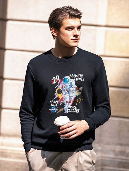 

men astronaut & letter graphic pullover n1vi#, Black
