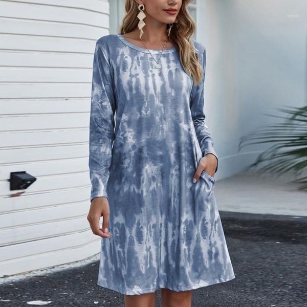 

women fashion loose casual dress tie dye print long sleeve color block harajuku cute swing dresses with pockets for fall summer1, Black;gray