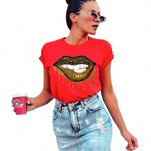 Beijo labial leopardo camiseta mulheres verão moda plus size roupas o pescoço kawaii femme camisas manga curta