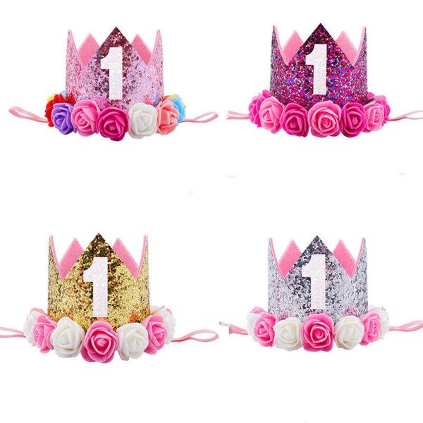 

kids baby 1st birthday party hat glitter crown flower head hair band party headwear