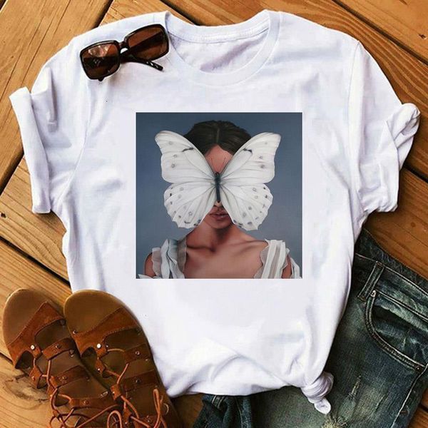 

new harajuku aesthetics tshirt butterfly feather print short sleeve & tees fashion casual women t shirt, White