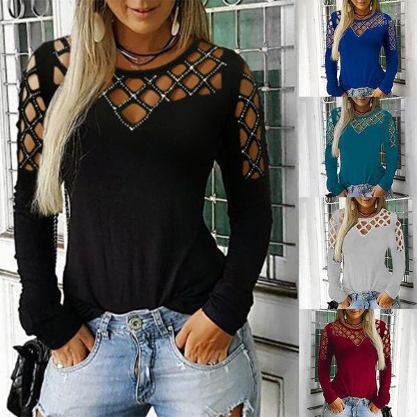 

2020 ladies long-sleeved hollow-encrusted diamond t-shirt.1, White