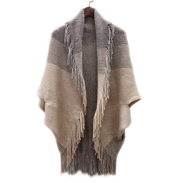 

womens patchwork pattern batwing sleeve tassel hem waterfall cardigan shawl knitted sweaters cape sweaters outwear, White;black