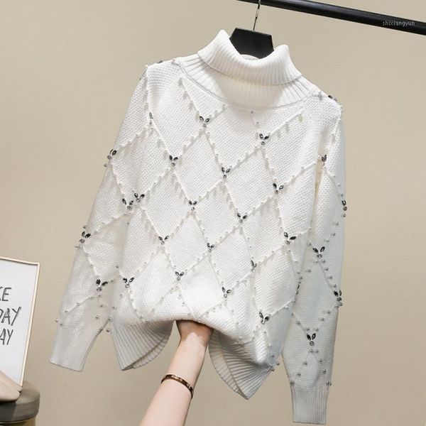 

diamonds beading turtleneck white sweater women 2020 autumn and winter modis rhombic long sleeve pullover basic 1, White;black
