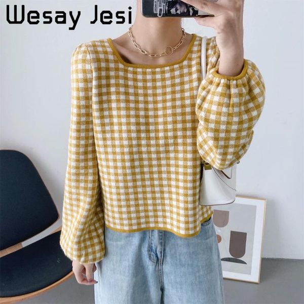 

2020 autumn winter fashion sweater ladies minimalism autumn lantern sleeve yellow ladies round neck sweater blouse, White;black
