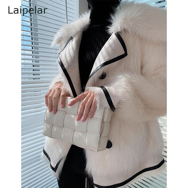 

women's fur & faux 2021 fashion elegant coat winter long sleeve short sheepskin thick lapel, Black