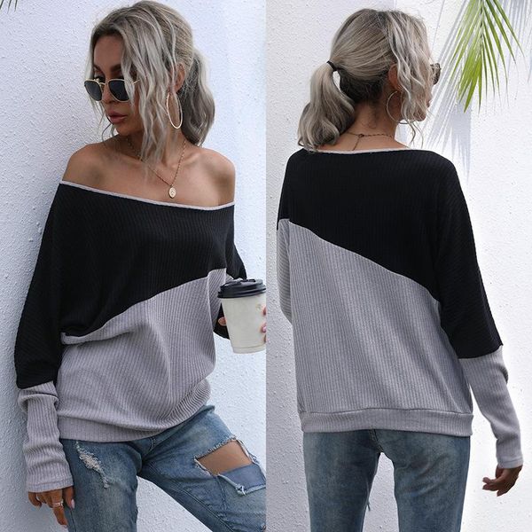 

women's y2k long sleeve t-shirt 2020 fall hedging shoulderless wide loose neckline black bottom shirt street trend top, White