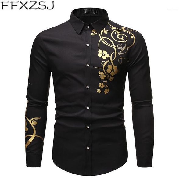 

stylish gold flower print black shirt men 2020 spring new slim fit long sleeve mens dress shirts party casual male social shirt1, White;black