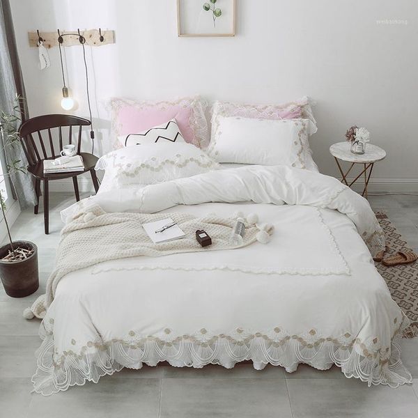 

bedding sets j 5 white pink green blue princess style fabric winter thick girl set flannel lace duvet cover bed skirt pillowcases1