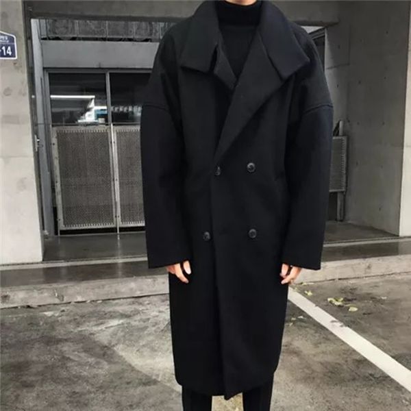 

men's clothing double breasted overcoat en male autumn winter new black turn-down collar long coat 1ekz